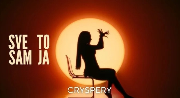 Silhouette of a person on a chair in front of a large orange sun, raising an arm; text 'SVE TO SAM JA' and 'CRYSPERY' appear.